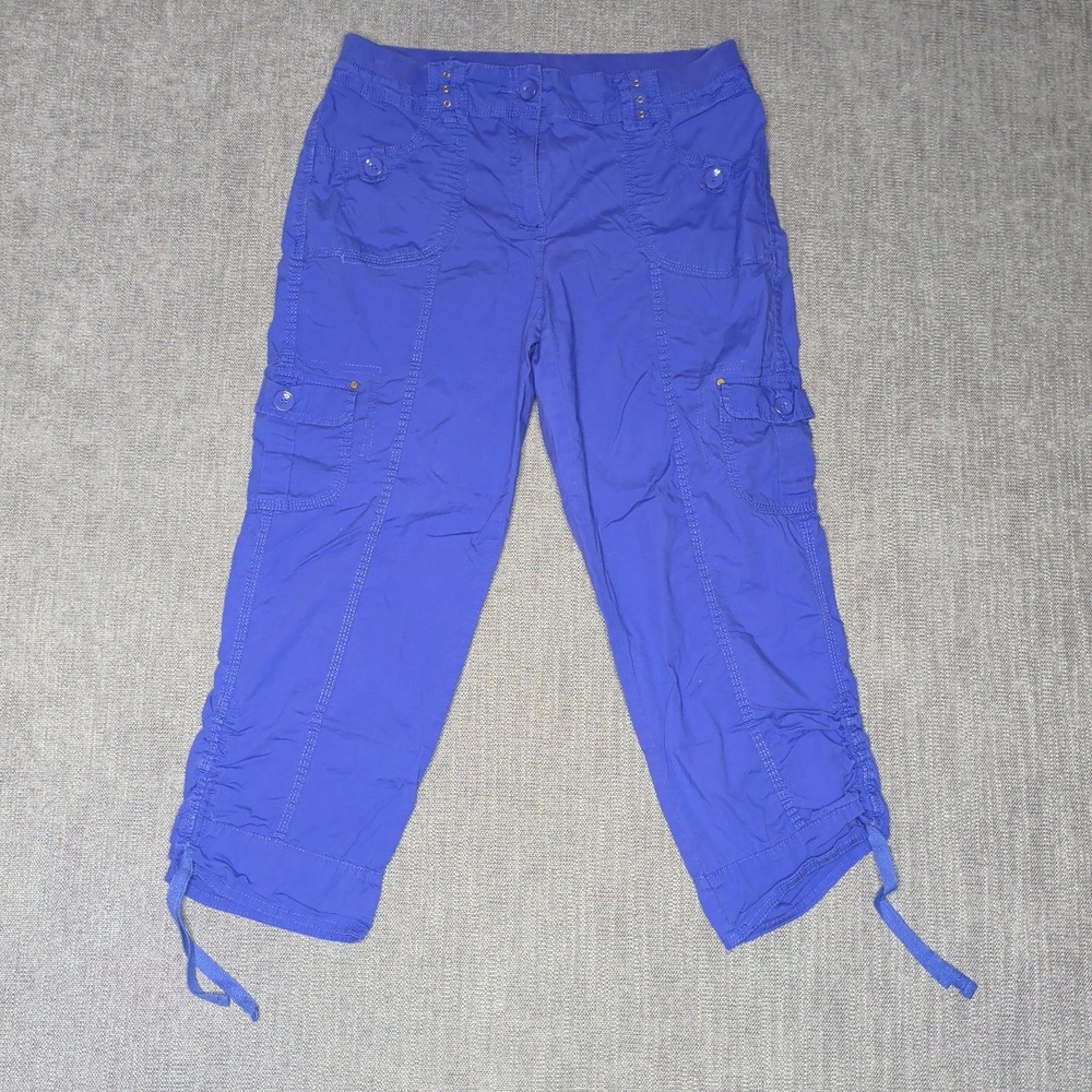 Chicos Blue Cargo Crop Pants Women Size 0 Cotton Stretch Ruched Tie Hem Mid Rise